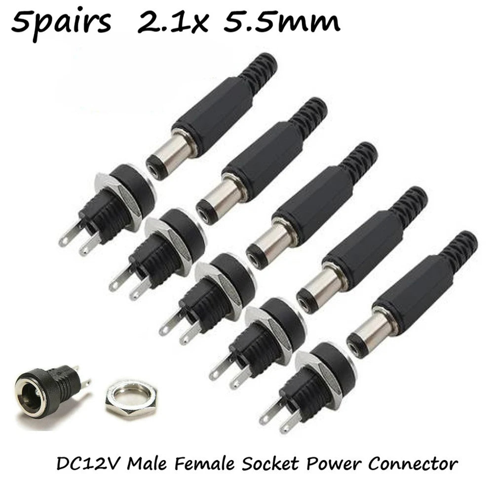 Zaarafy™ DC Power Connector Set – 5 Pairs 2.1mm x 5.5mm Male & Female Jack, 12V Panel Mount