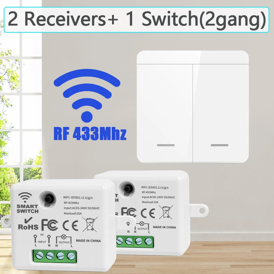 Zaarafy™ RF433 Wireless Remote Light Switch – 1/2/3 Gang, 10A 110V-220V, No Wiring Needed