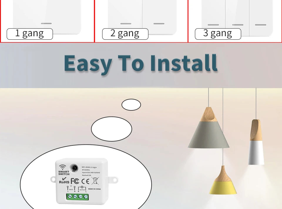 Zaarafy™ RF433 Wireless Remote Light Switch – 1/2/3 Gang, 10A 110V-220V, No Wiring Needed