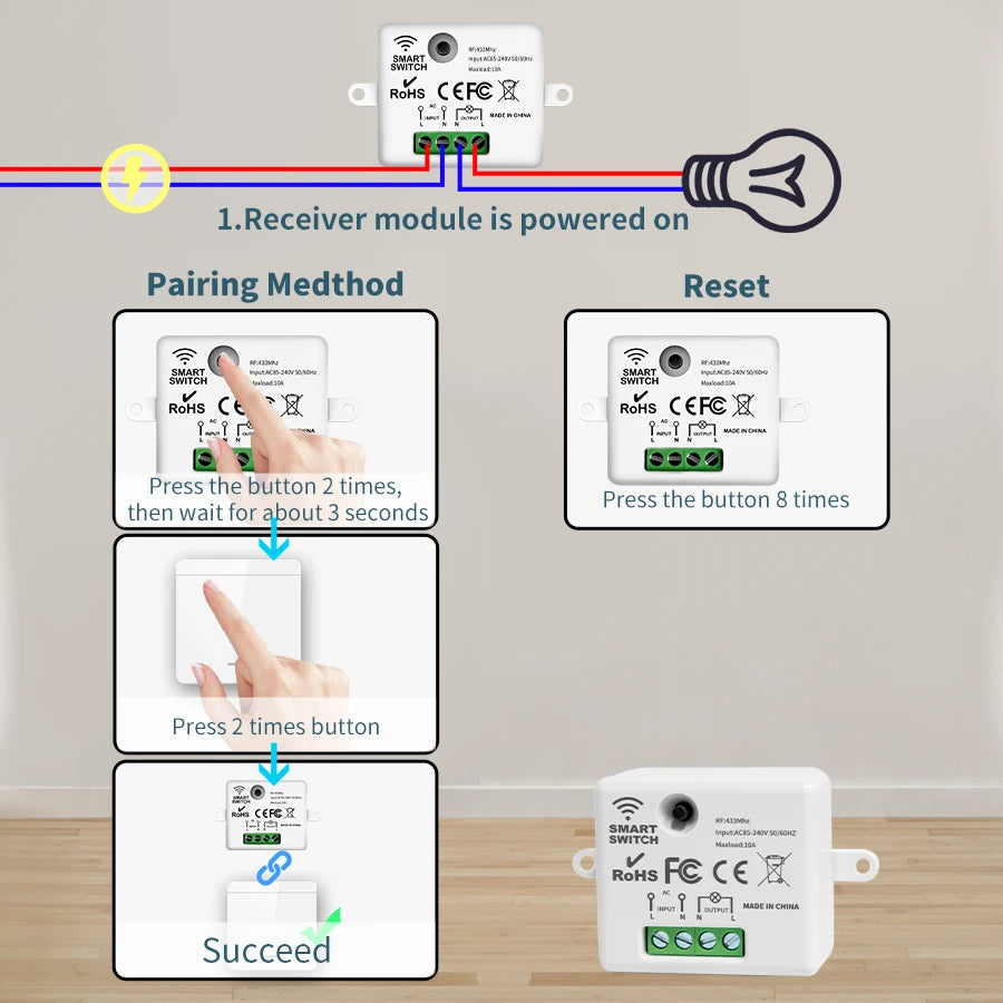 Zaarafy™ RF433 Wireless Remote Light Switch – 1/2/3 Gang, 10A 110V-220V, No Wiring Needed