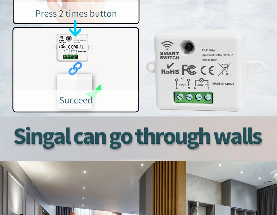 Zaarafy™ RF433 Wireless Remote Light Switch – 1/2/3 Gang, 10A 110V-220V, No Wiring Needed