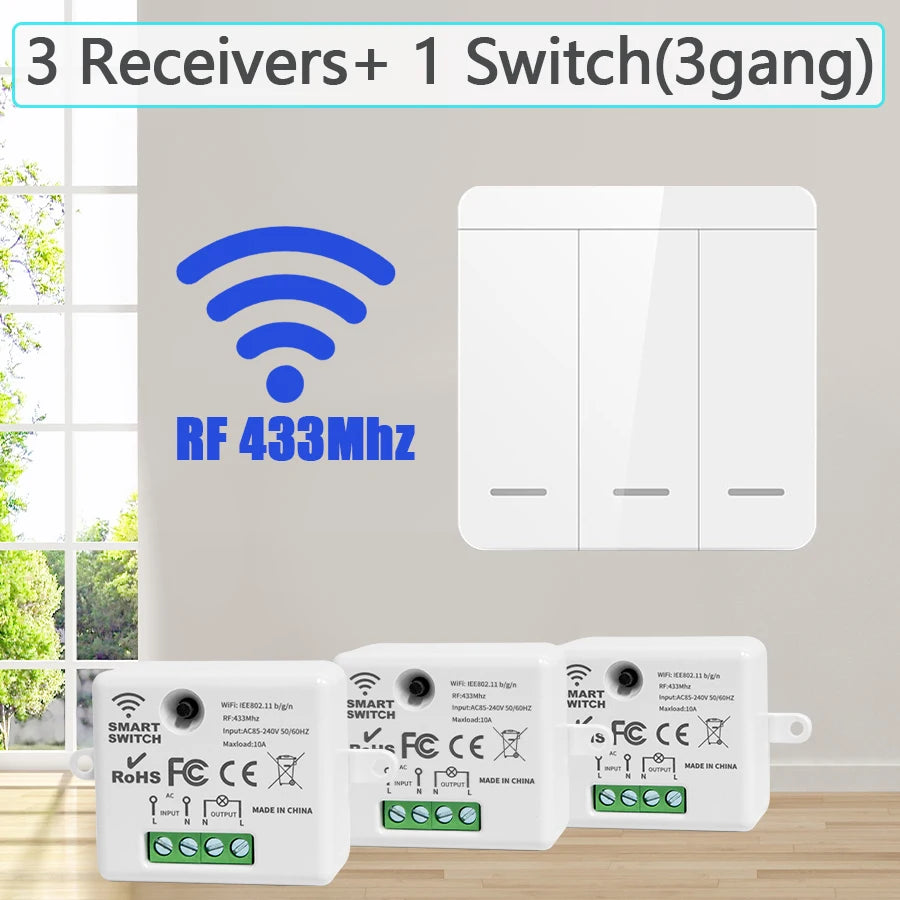 Zaarafy™ RF433 Wireless Remote Light Switch – 1/2/3 Gang, 10A 110V-220V, No Wiring Needed
