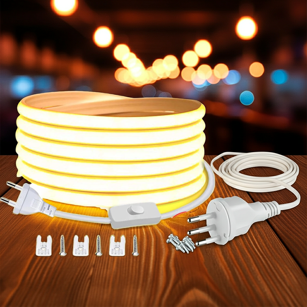 Zaarafy™ 220V COB LED Strip Light with ON/OFF Switch – Waterproof Flexible Ribbon for Home & Garden