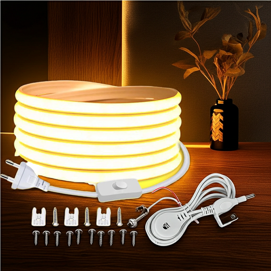 Zaarafy™ 220V COB LED Strip Light with ON/OFF Switch – Waterproof Flexible Ribbon for Home & Garden